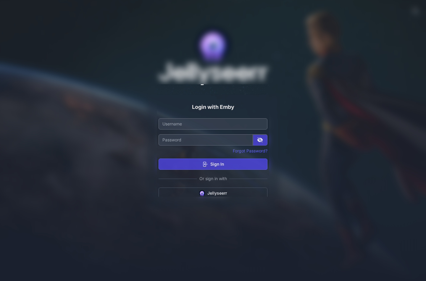 Jellyseerr sign-in screen with the background blurred for public documentation.