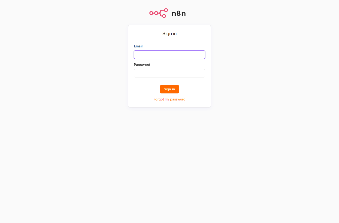 n8n sign-in screen captured without exposing workflow names, credentials, or webhook URLs.